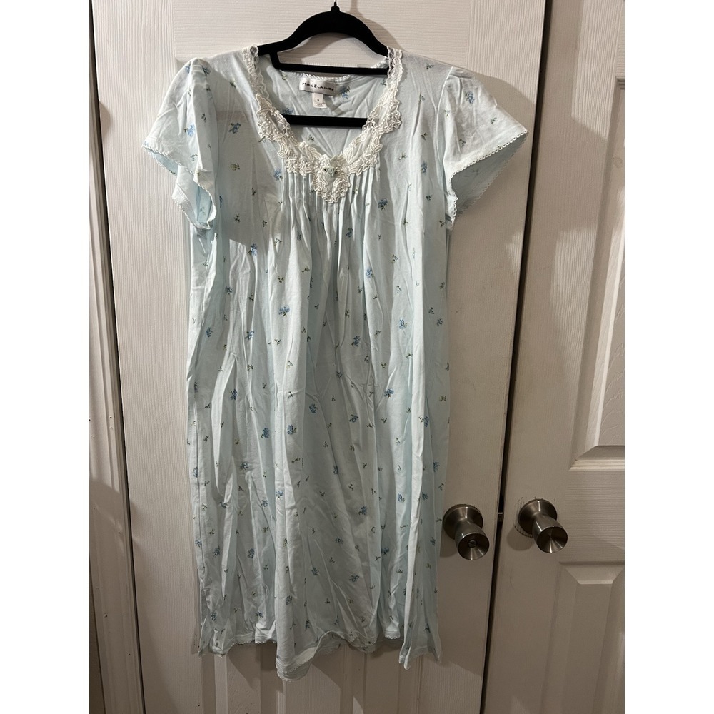 Miss Elaine Nightgown Blue Floral‎ Size Small Cap Sleeves Cotton Blend